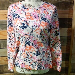 Classic Long-Sleeve Floral Tee in Pink, Orange & Navy